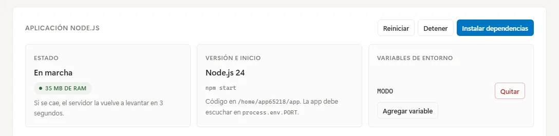 Aplicación Node.js 24 en marcha en el panel, con su memoria, su comando de inicio y sus variables de entorno