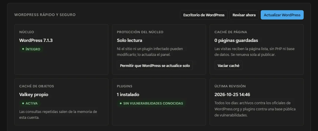 Caché de página y caché de objetos activas en la ficha de WordPress